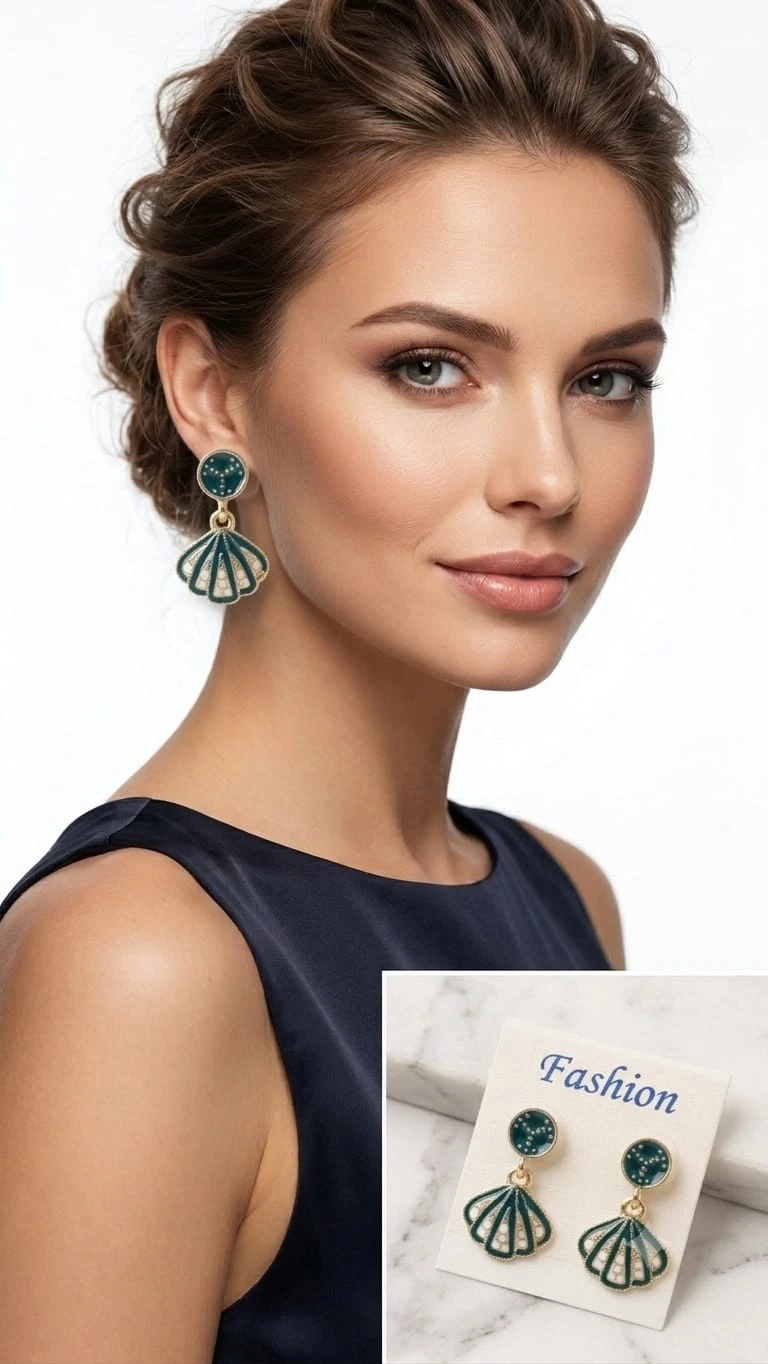 Green Enamel Fan Drop Earrings for Women, Gold-Toned Shell Shape Earrings view 3