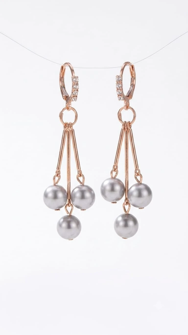 Rose Gold Pearl Chain Drop Earrings for Women, Elegant Long Dangle Earrings view 2