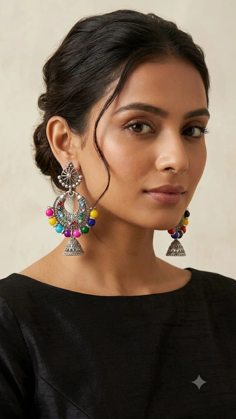 Oxidised Silver Chandbali Jhumka Earrings for Women, Multicolor Beads and Mirror Work view 2