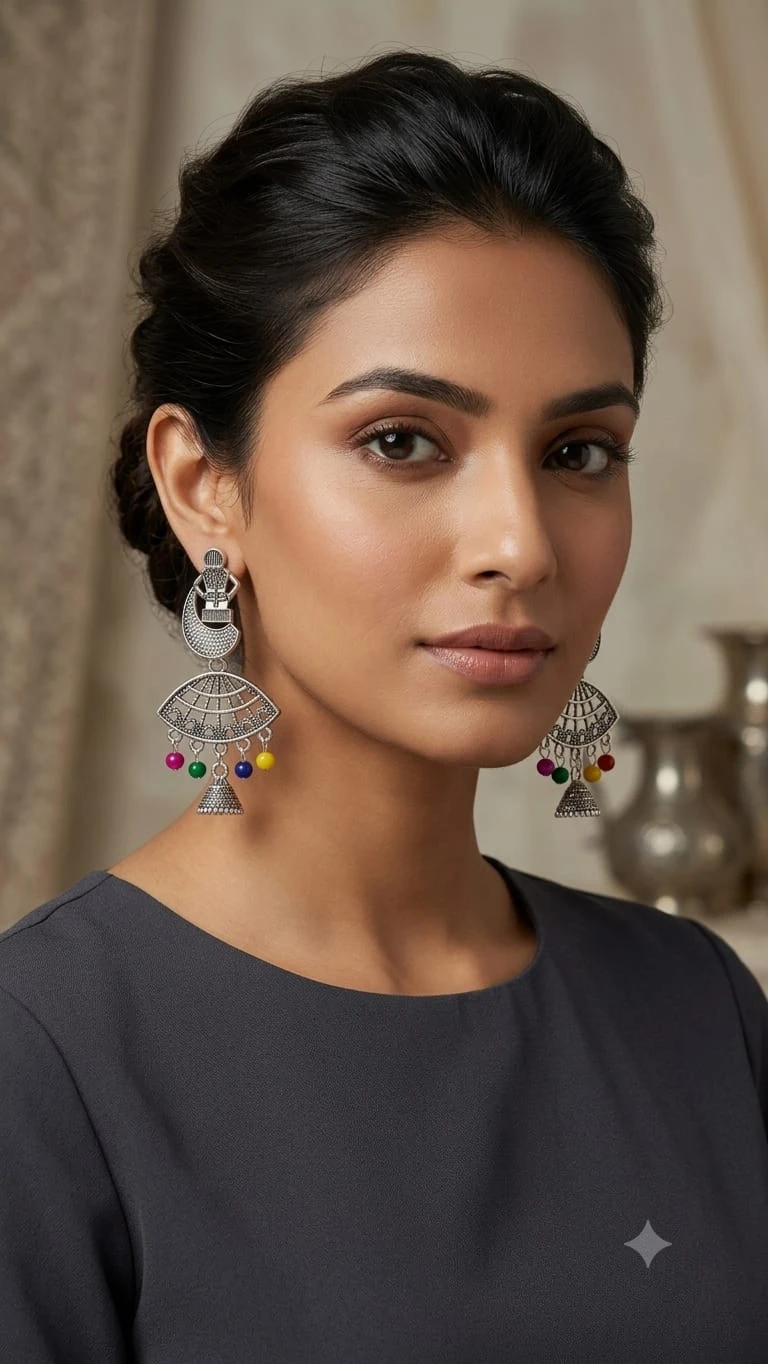 Oxidised Silver Jhumka Drop Earrings for Women, Colorful Bead Tassel Ethnic Earrings view 2