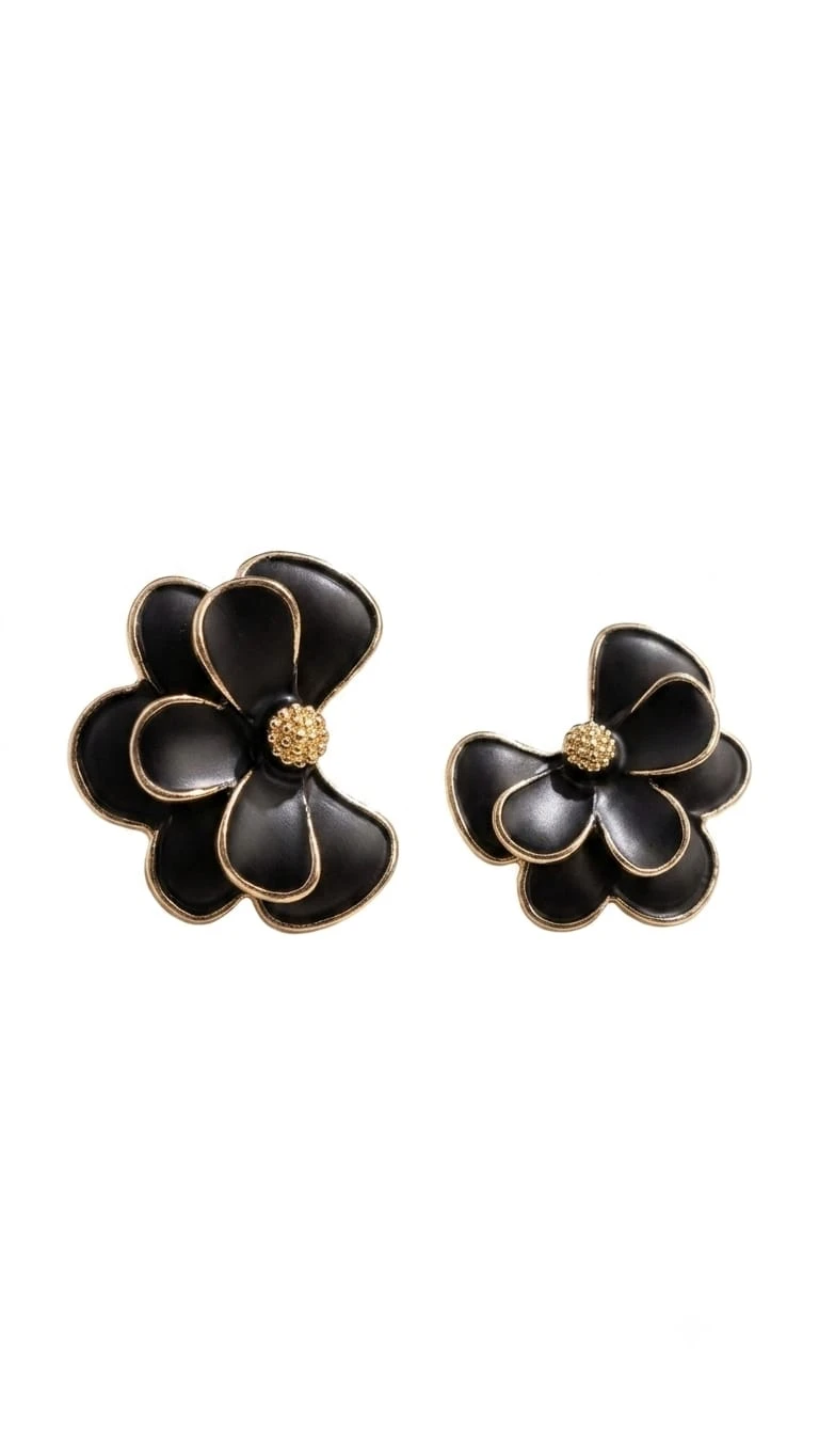 Black Floral Pearl Stud Earrings for Women, Gold-Toned Flower Ear Tops view 2