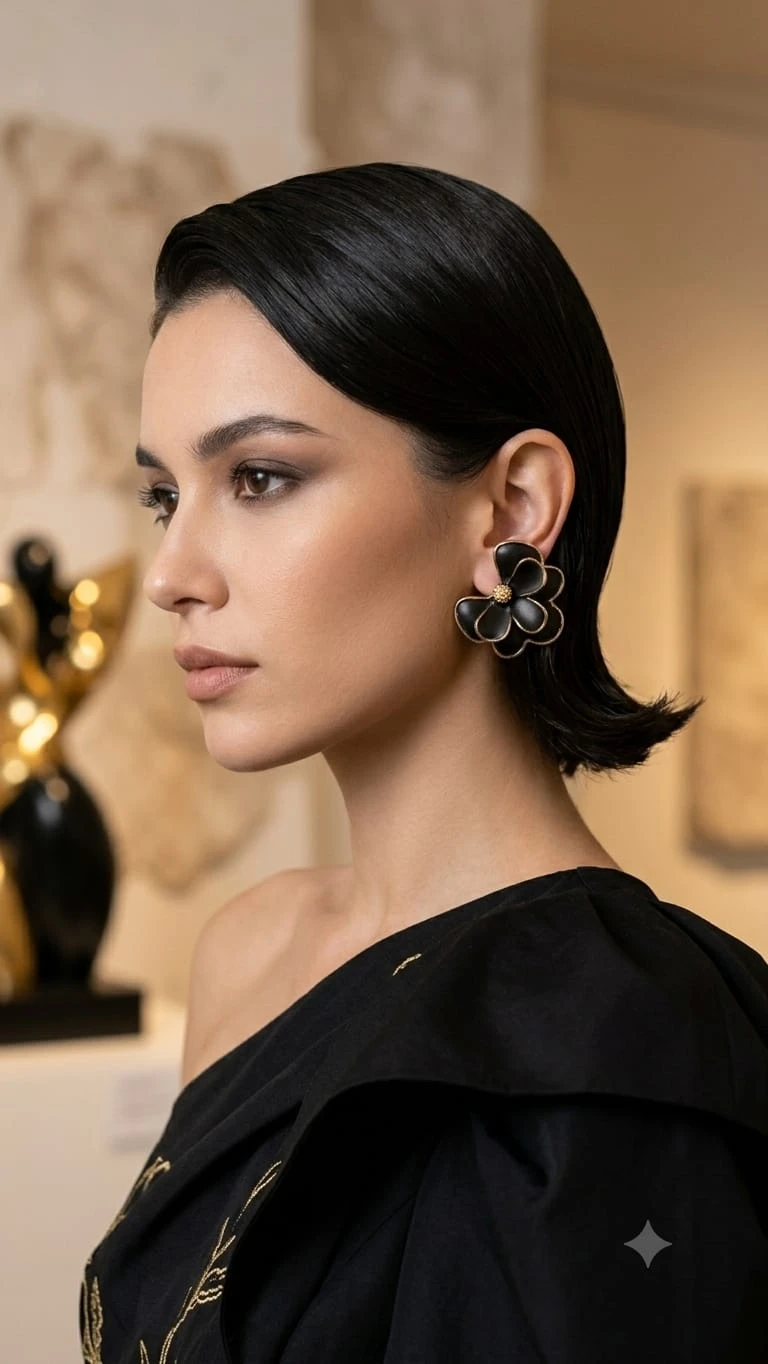 Black Floral Pearl Stud Earrings for Women, Gold-Toned Flower Ear Tops view 3