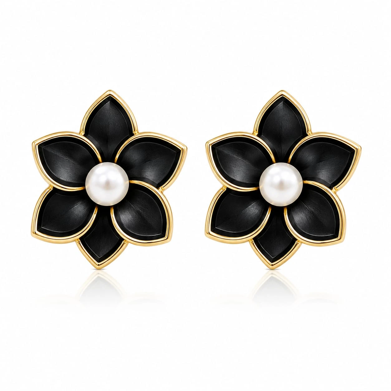Black Enamel Flower Stud Earrings for Women, Pearl Center Floral Ear Tops view 2
