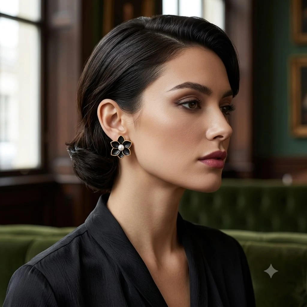 Black Enamel Flower Stud Earrings for Women, Pearl Center Floral Ear Tops view 3