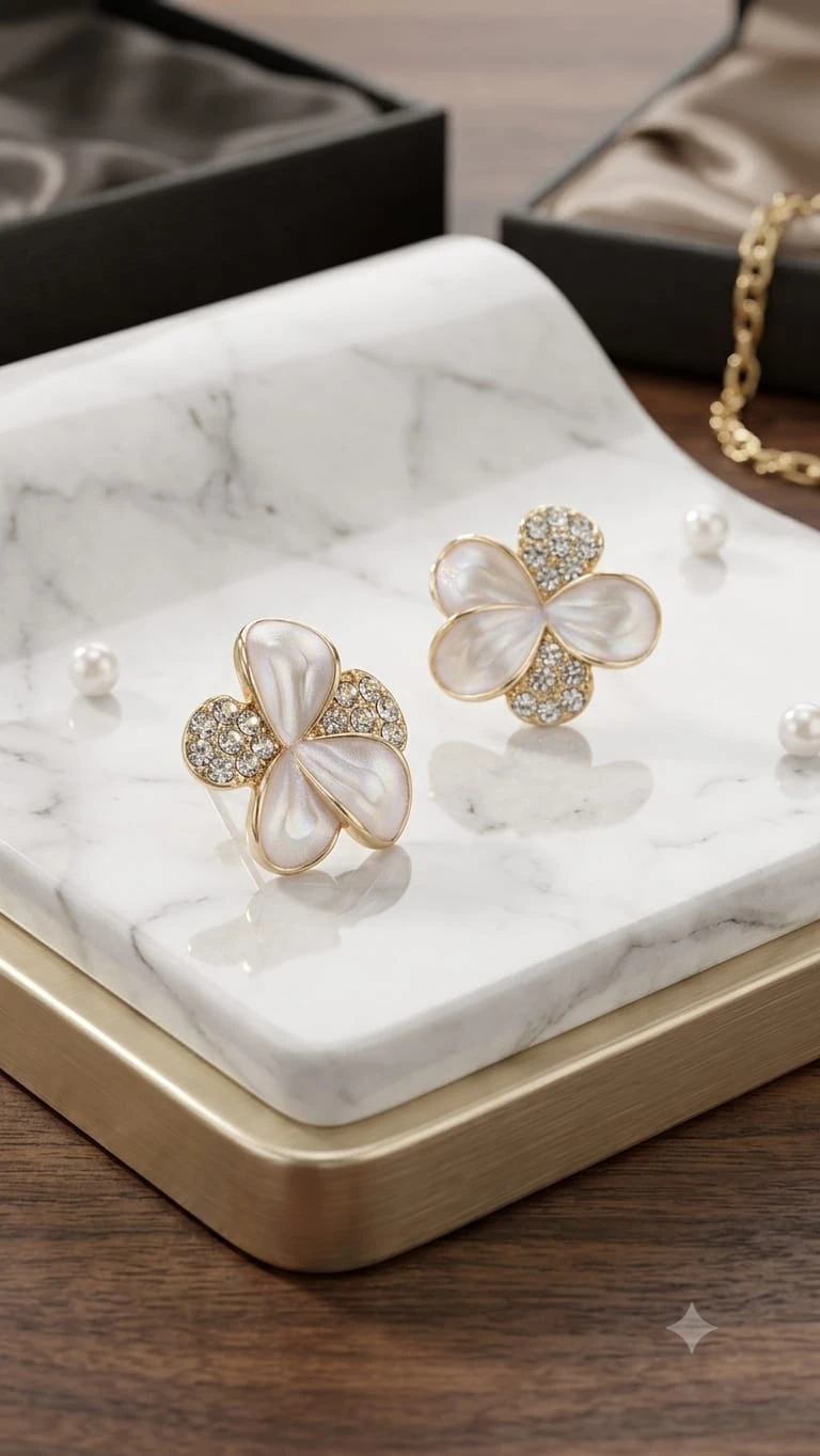 White Crystal Floral Stud Earrings for Women, Silver-Toned Flower Ear Tops view 2