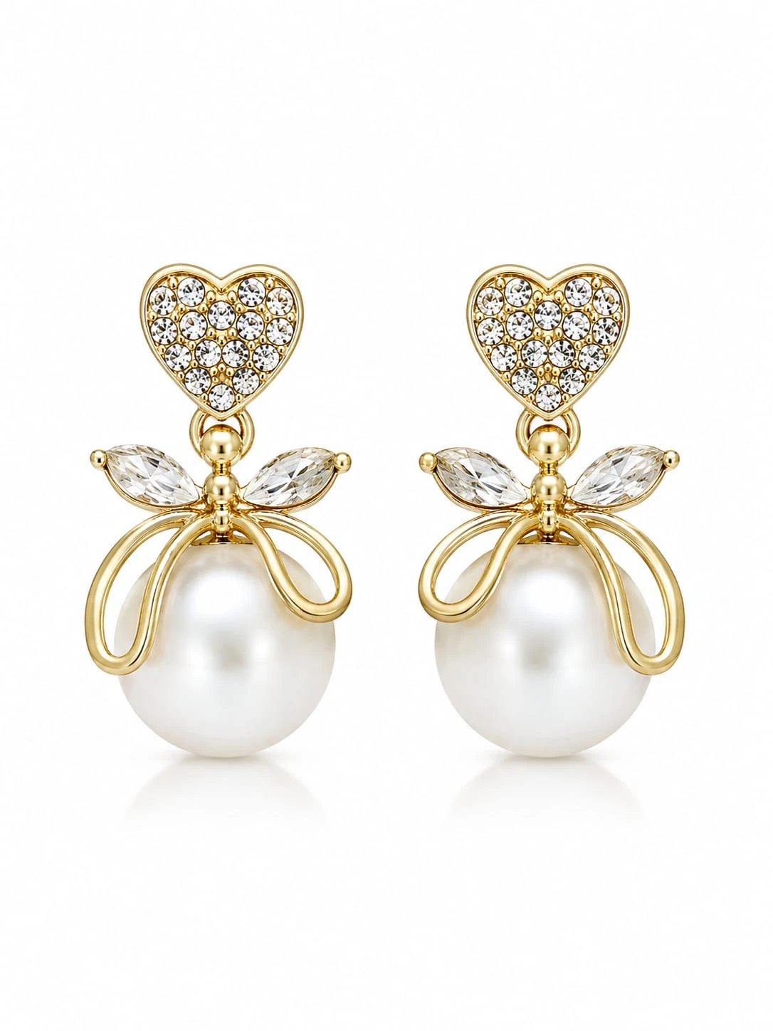 Gold-Toned Pearl Bow Drop Earrings for Women, Heart Crystal Party Wear Earrings view 4