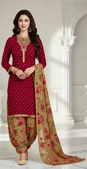 Crepe Printed Salwar Suit Material (Unstitched) - Samah Red Brown view 2