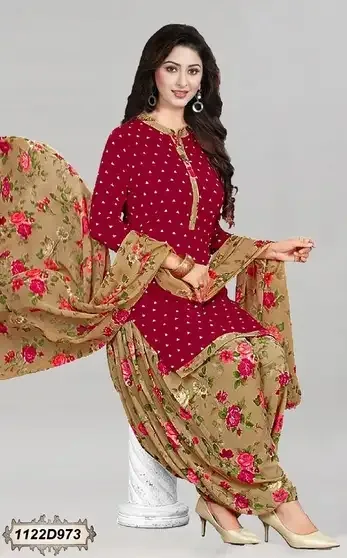 Crepe Printed Salwar Suit Material (Unstitched) - Samah Red Brown view 3