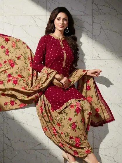 Crepe Printed Salwar Suit Material (Unstitched) - Samah Red Brown view 4