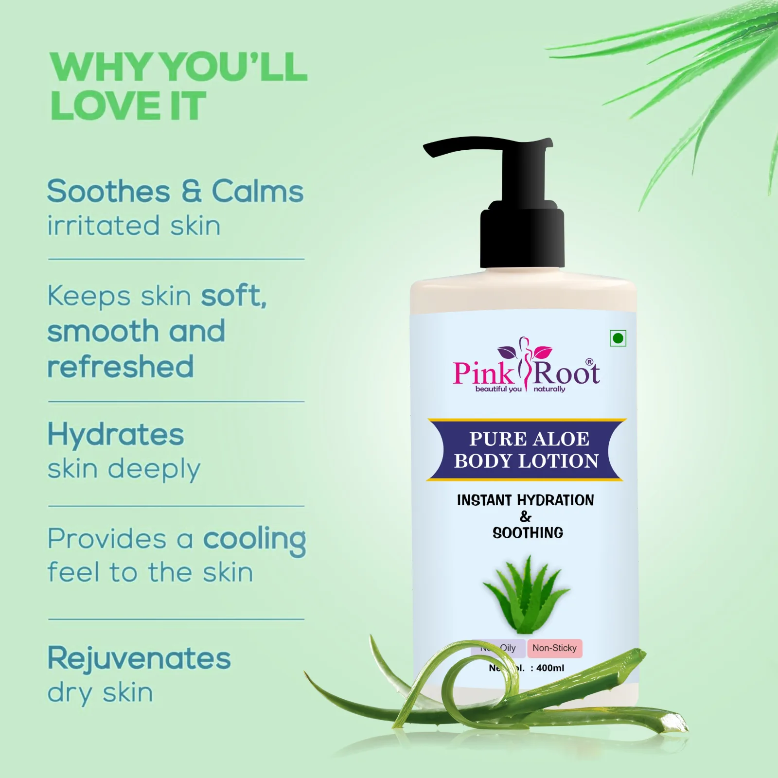 Pink Root Pure Aloe Vera Body Lotion - provide ultra-light, non-greasy, soothing, and long-lasting hydration skin (400ml) view 3