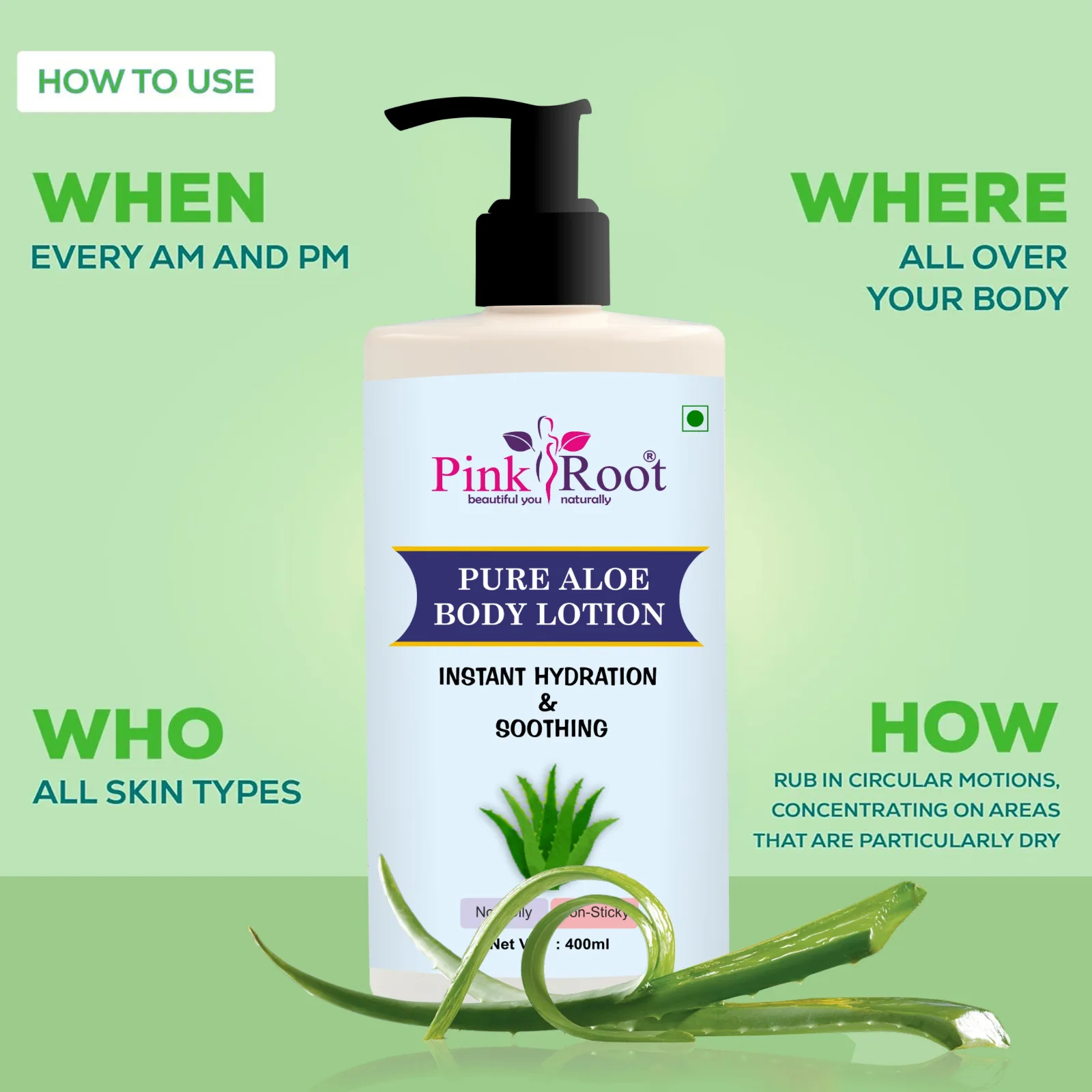 Pink Root Pure Aloe Vera Body Lotion - provide ultra-light, non-greasy, soothing, and long-lasting hydration skin (400ml) view 2