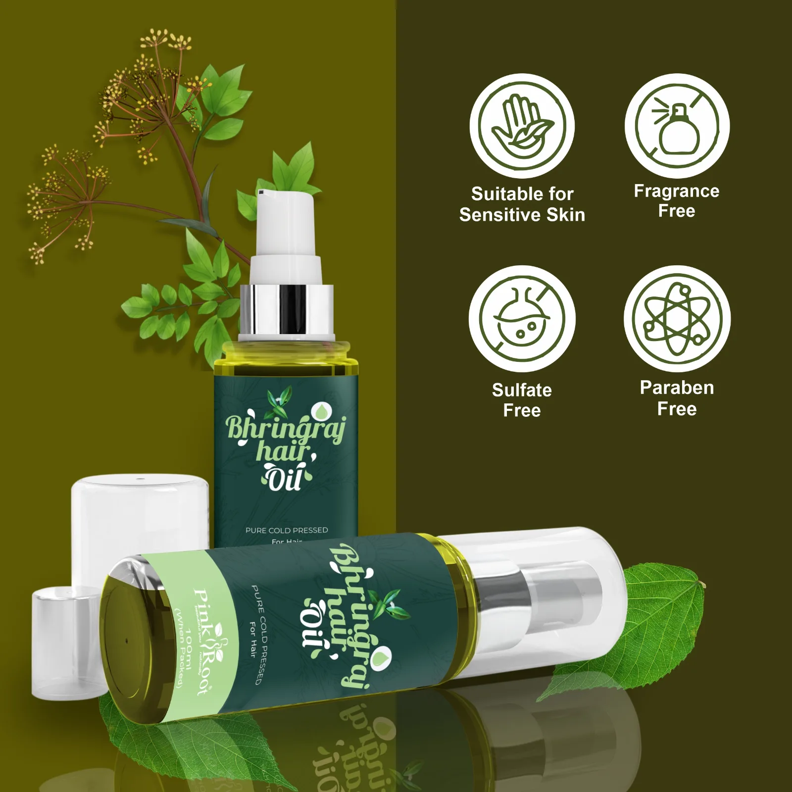 Pink Root Bhringraj Oil 100ml - Controls hair fall, Fights Dandruff, Ayurvedic Nourishment for Hair Regrowth view 3
