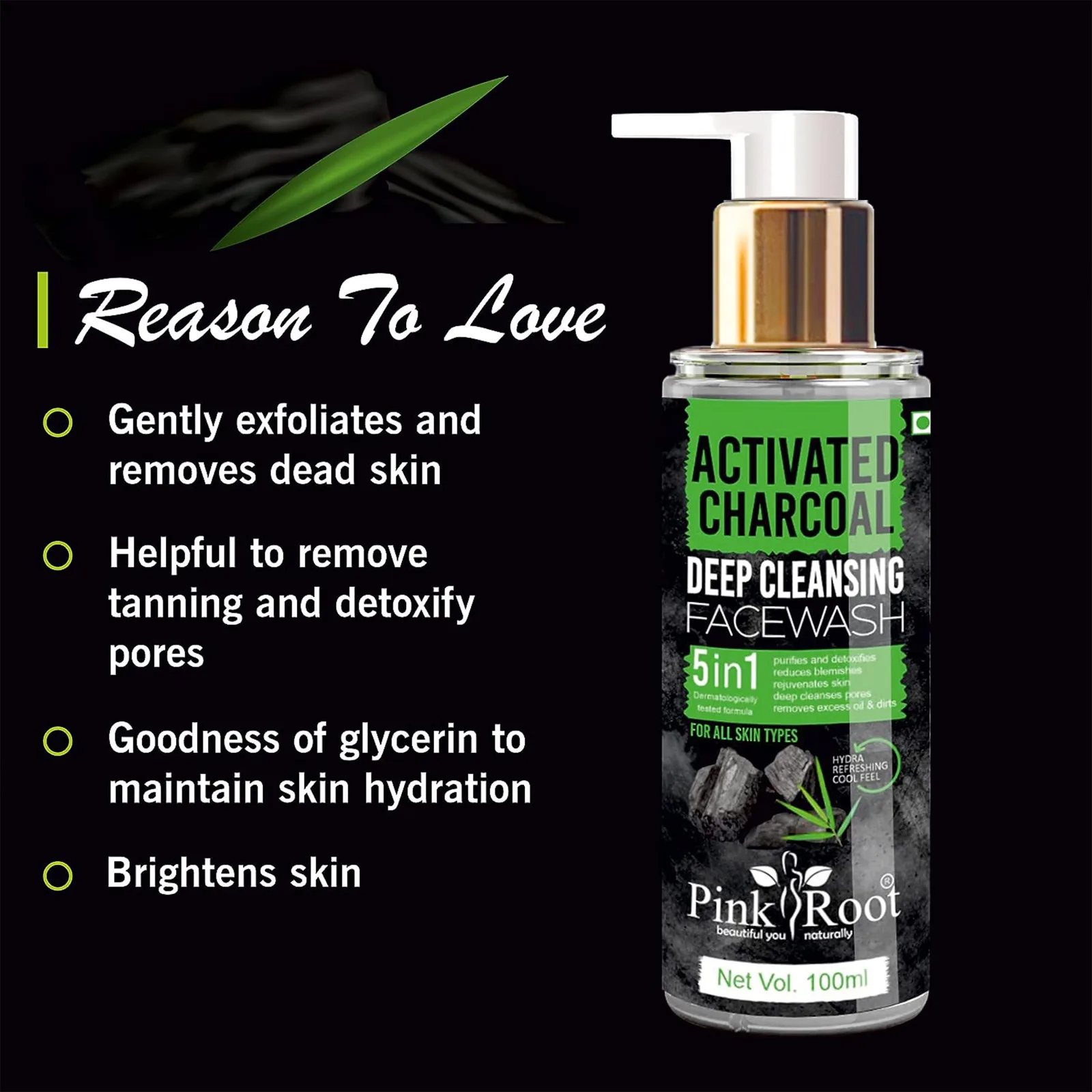 Pink Root Activated Charcoal Deep Cleansing  100ml with Activated Charcoal & Tea Tree Oil Beads - Removes Pollutants & Dirt - No Parabens, Sulphate, Silicones & Color - view 2