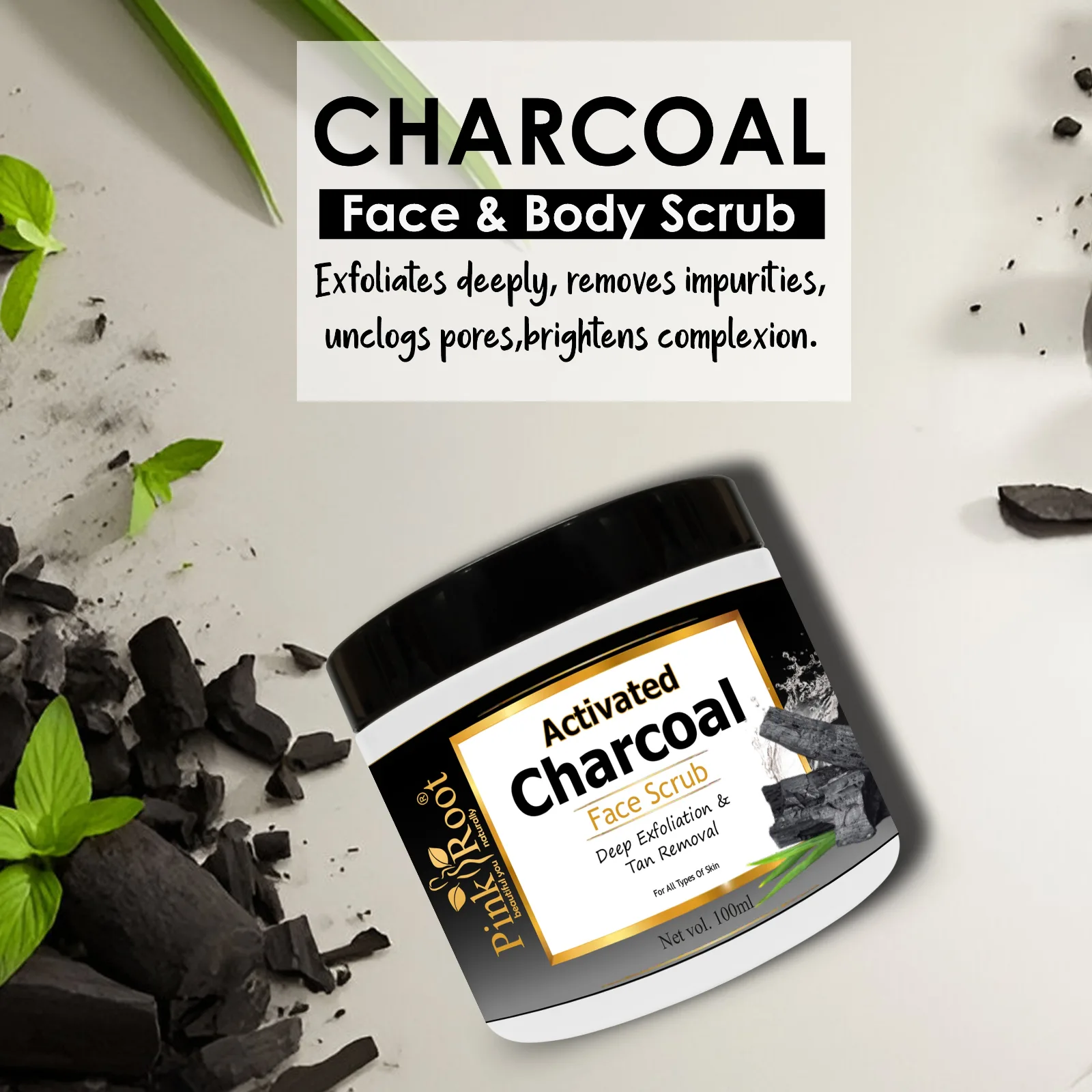 Pink Root Charcoal Scrub Exfoliating-Deep Cleansing Face & Body Scrub For Oily Skin & Normal skin, with Charcoal & Walnut for De Tan, 100ml view 4