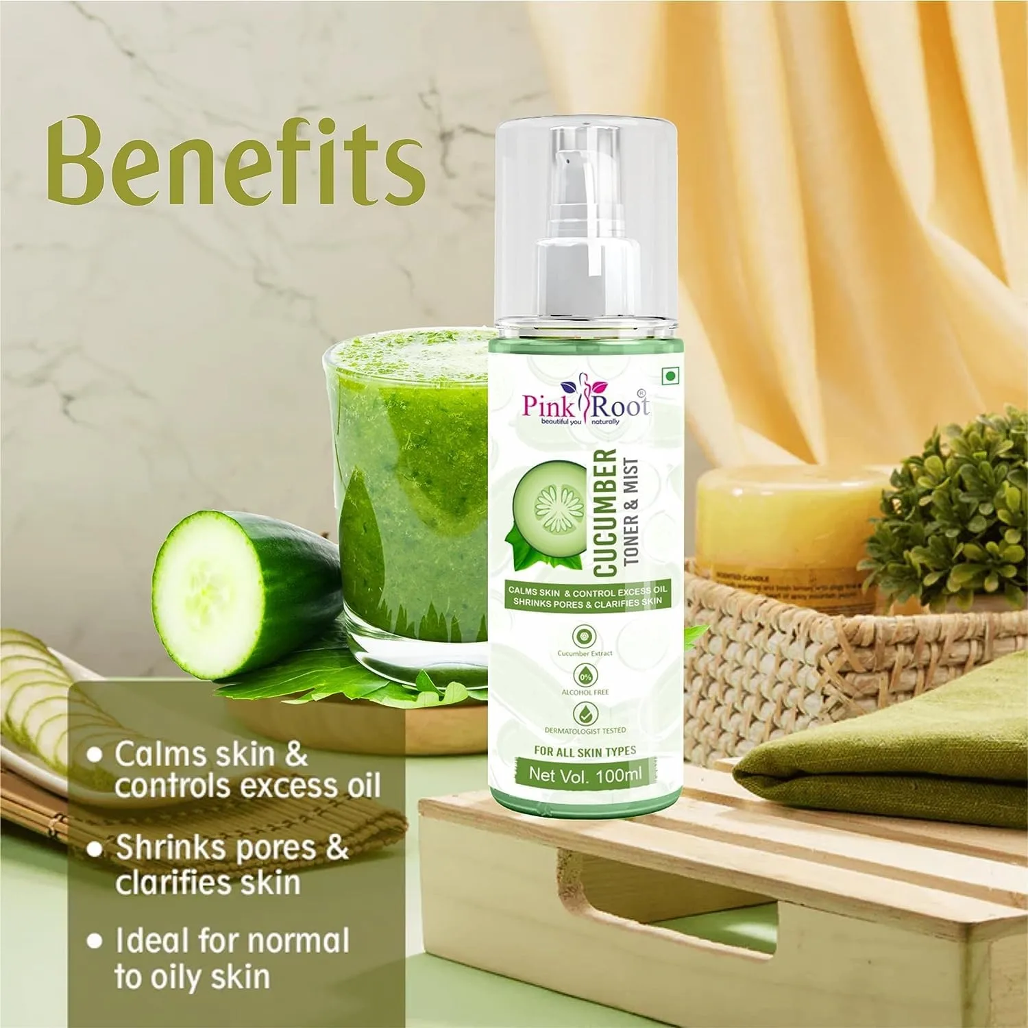 Pink Root Cucumber Toner & Mist 100ml, Hydrating Pore Tightening Moisturizing Revitalising Face Spray Toner for All Skin Types, Natural, No Alcohol, Parabens & Sulphates view 2