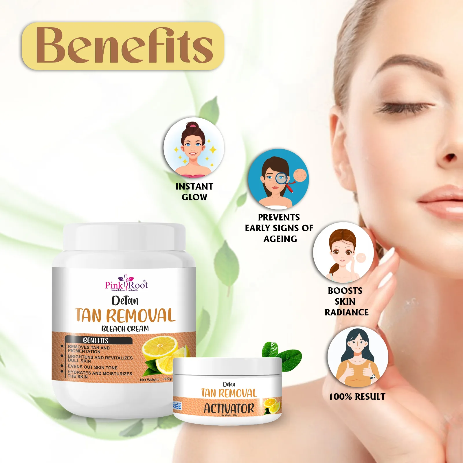 Pink Root Detan Tan Removal Bleach Cream with Activator 1kg, helps in removing tan & gives instant fairness view 3