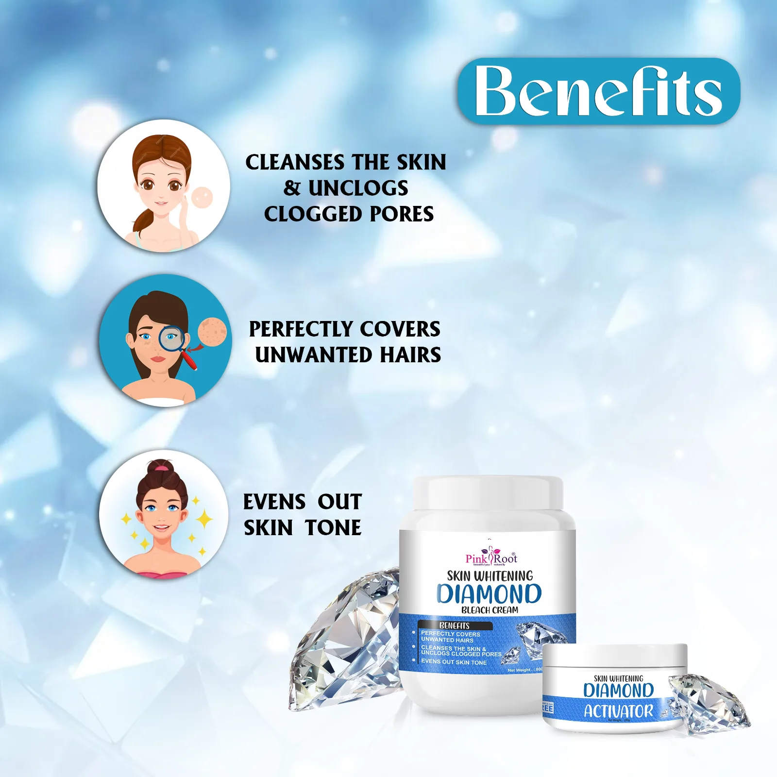 Pink Root Skin Whitening Diamond Bleach Cream with Activator 1Kg gives Sparkling brightness & purification & gives fairer skin view 2