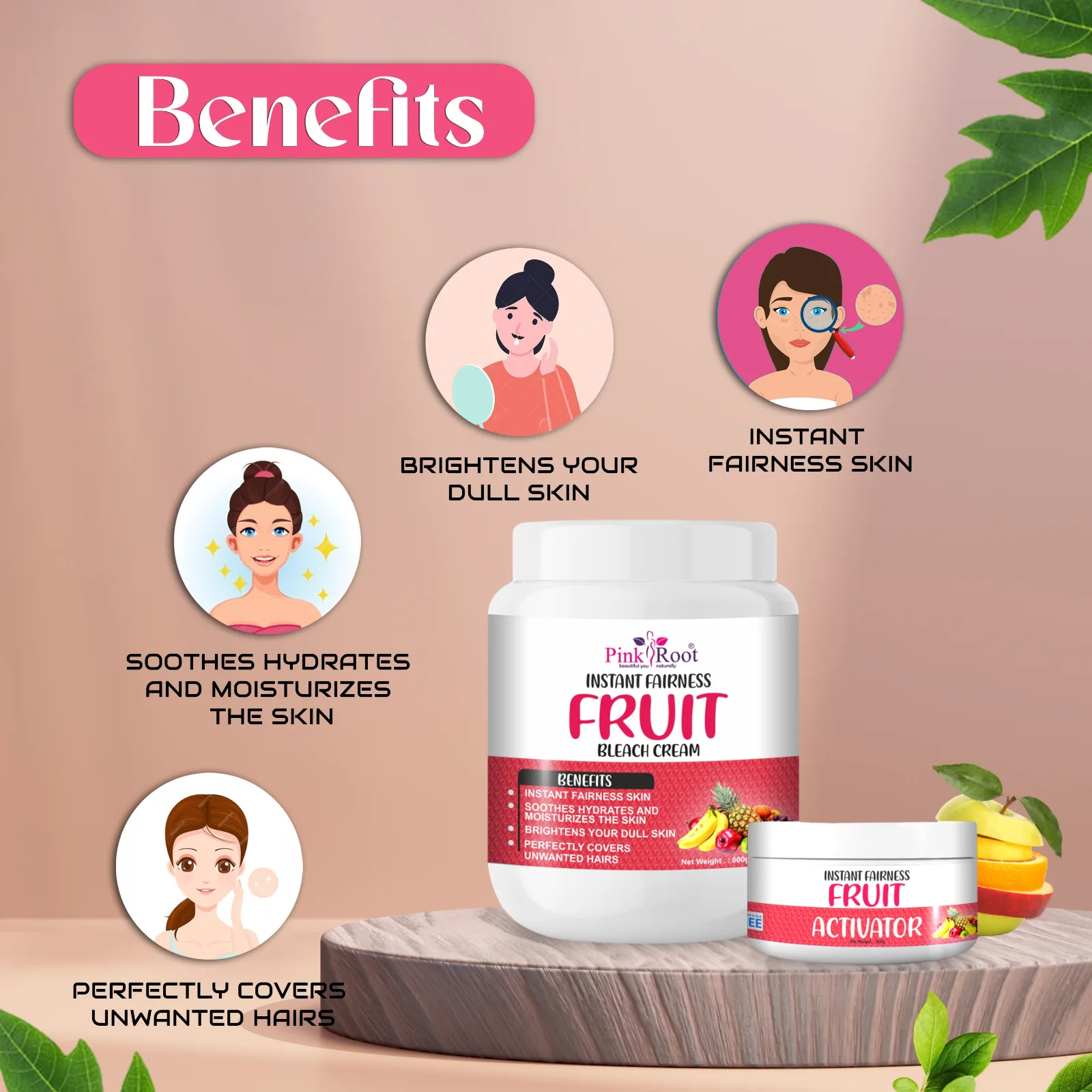 Pink Root Fruit Bleach Cream with Activator 1Kg, for Instant Fairness of Skin, Reduces Dark Spots and Tan view 3