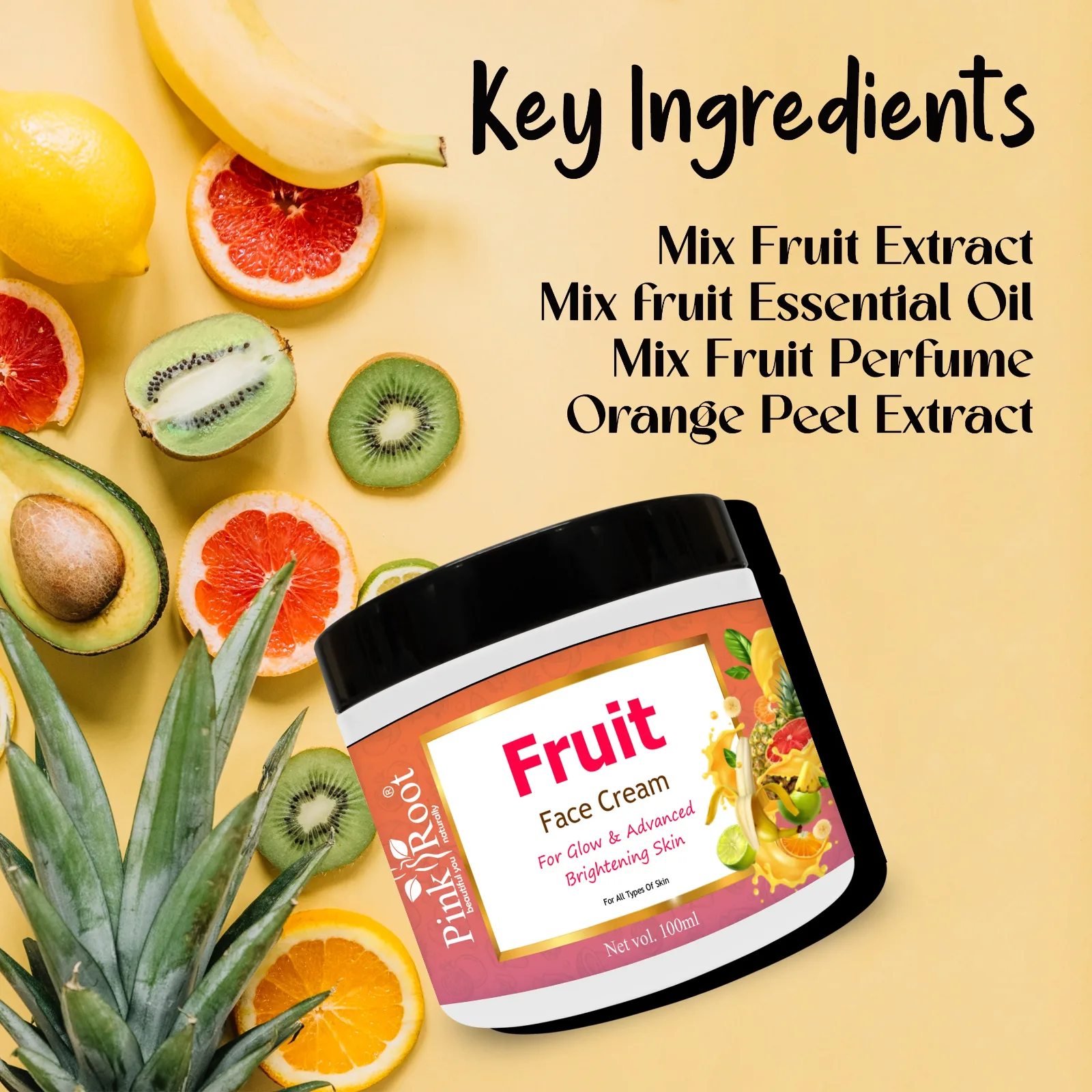 Pink Root Mix Fruit Cream Skin Care Cream Enriched with Vitamin E Oil for Removing dead cells & Nourishing Skin (100ml) view 2