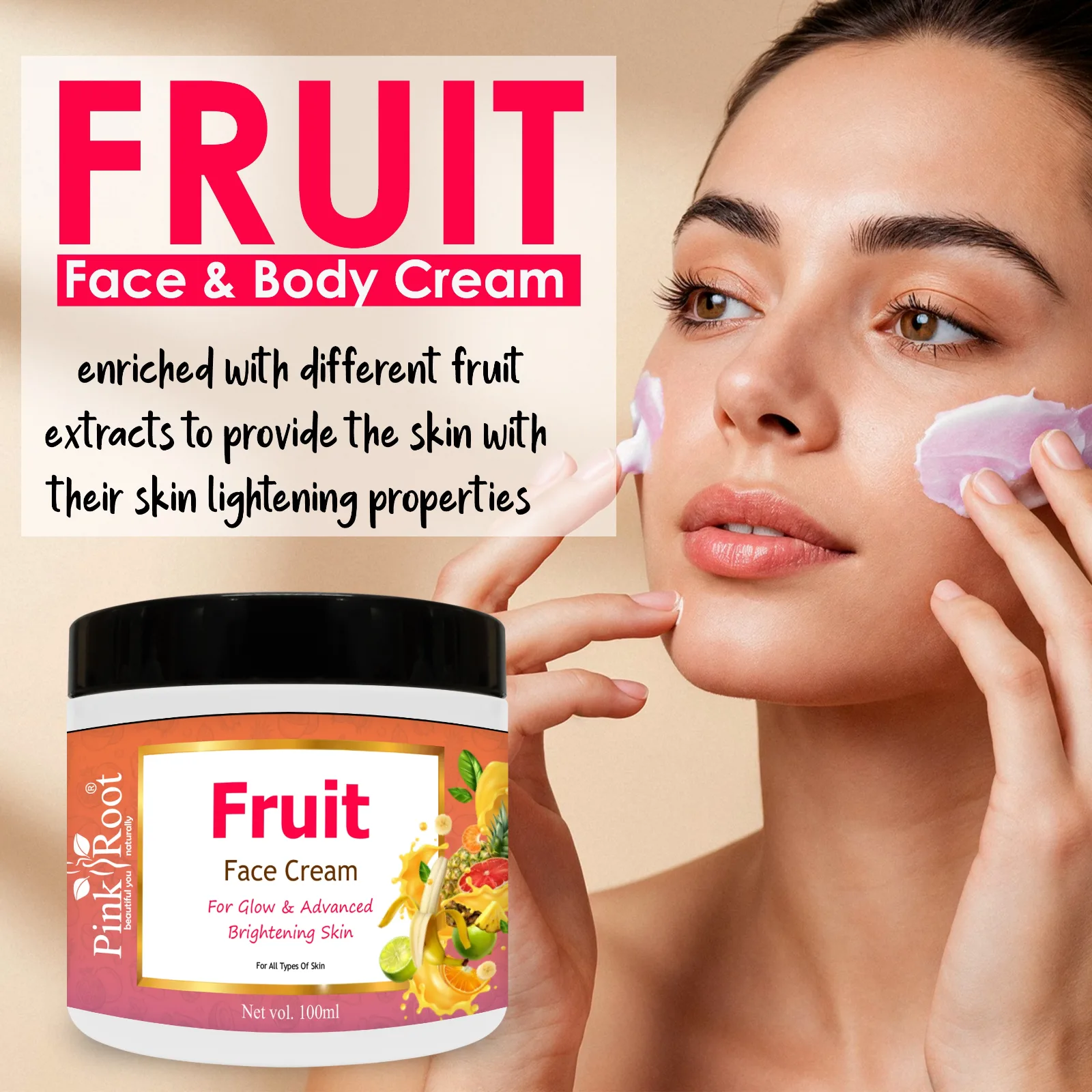 Pink Root Mix Fruit Cream Skin Care Cream Enriched with Vitamin E Oil for Removing dead cells & Nourishing Skin (100ml) view 3