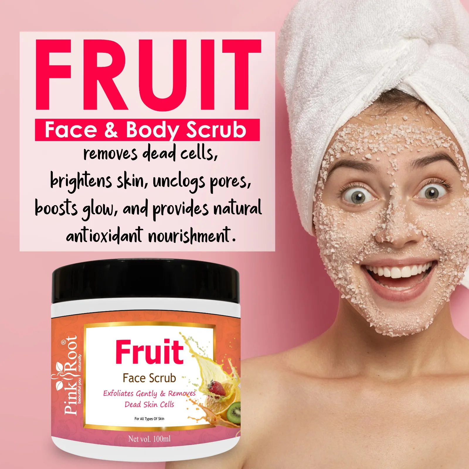Pink Root Mix Fruit Scrub 100ml, Enriched with Vitamin E, Aloe Vera Extract for Removing dead cells & Nourishing Skin view 3