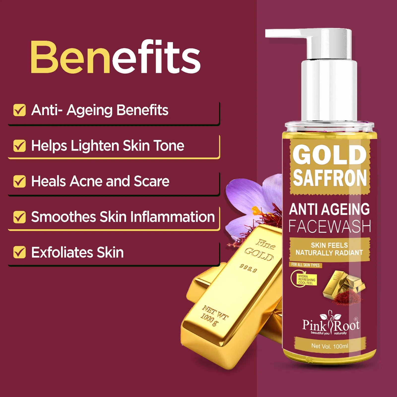 Pink Root Gold Saffron Face Wash 100ml view 2