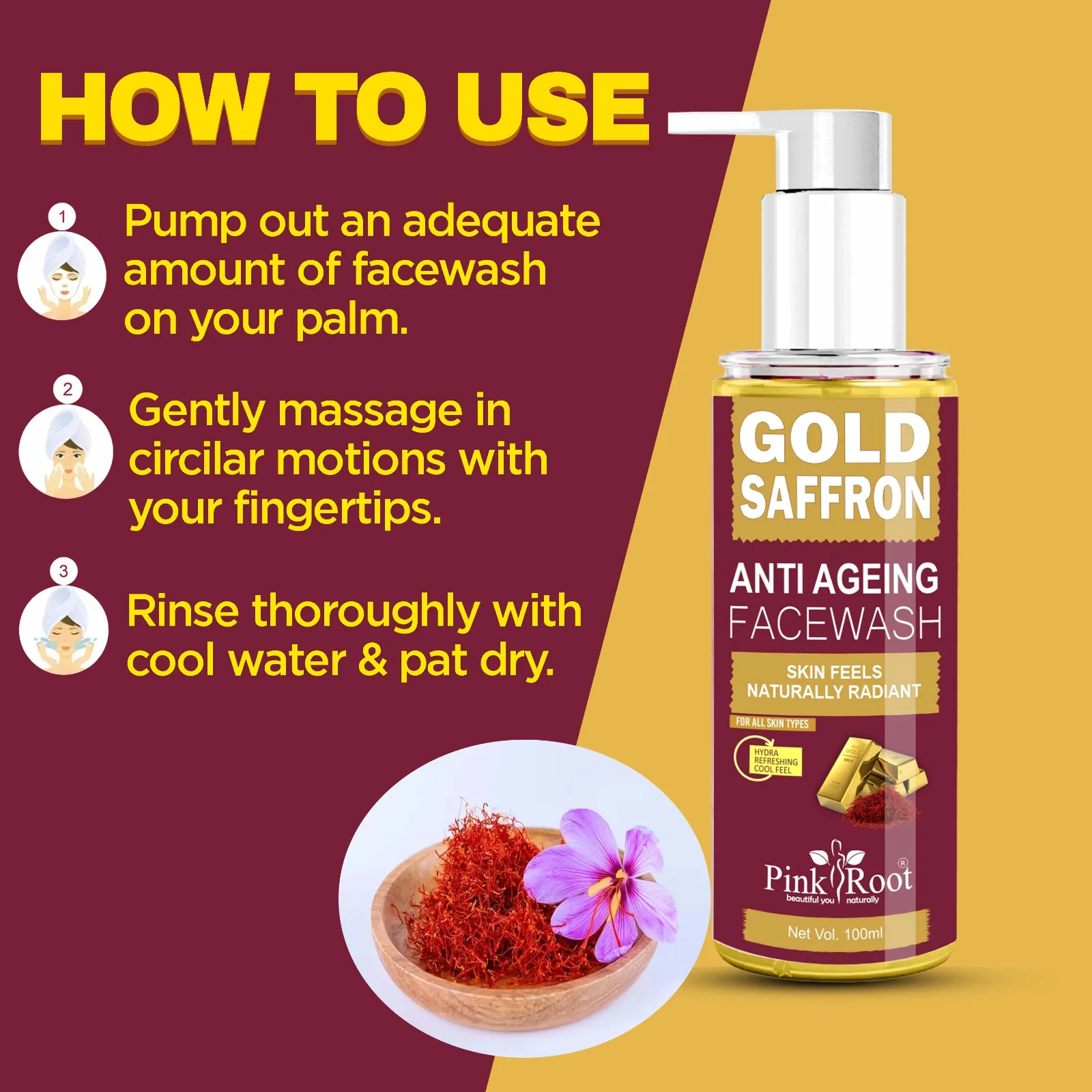 Pink Root Gold Saffron Face Wash 100ml view 3