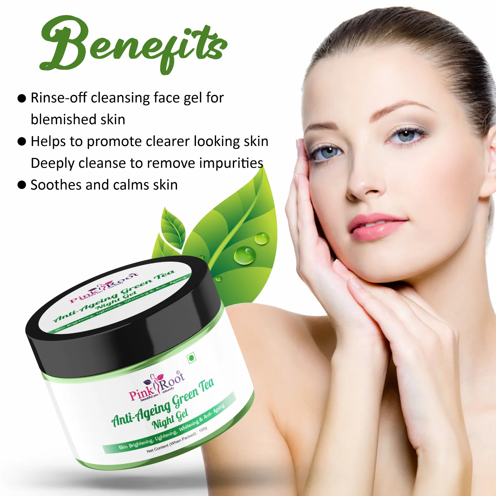 Pink Root Anti Aging Green Tea Night Gel 100gm | Acne-Prone | Night Cream For Women | Overnight Repair view 2