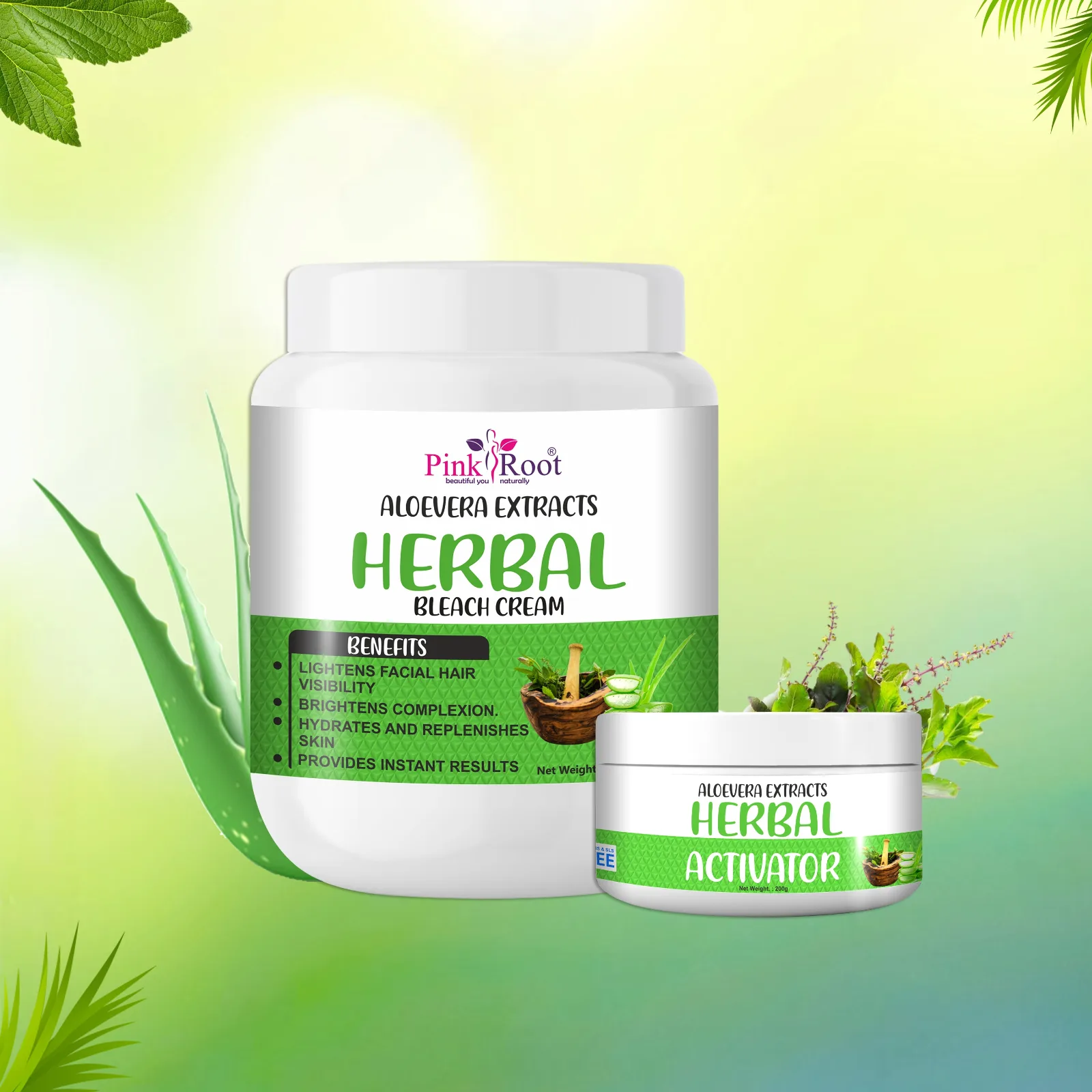 Pink Root Aloevera Extract Herbal Bleach Cream with Activator 1Kg, helps in reducing dark spots, acne and pimples and gives healthy brighter skin view 2