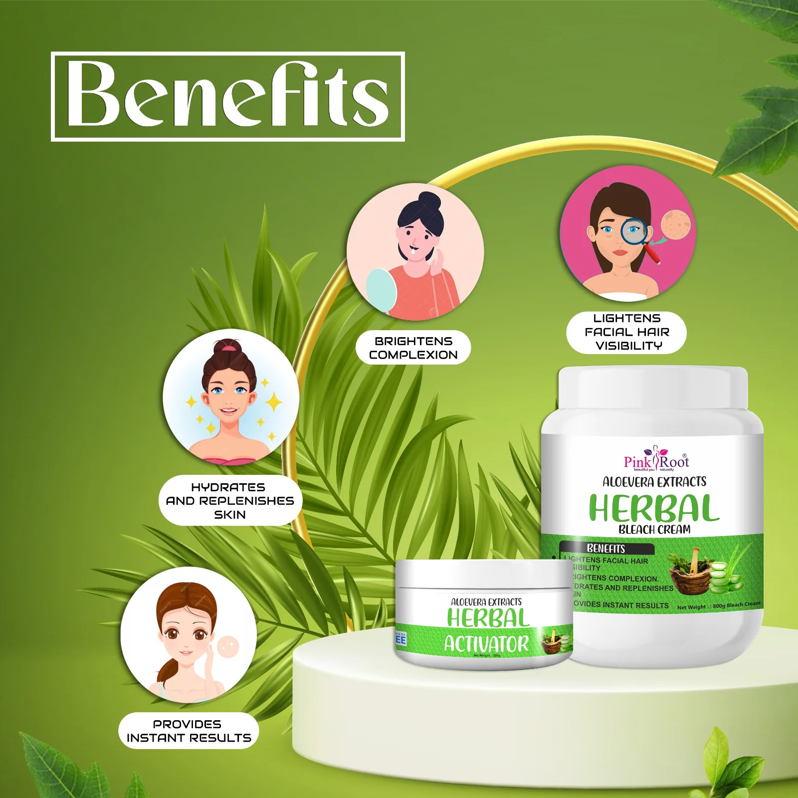Pink Root Aloevera Extract Herbal Bleach Cream with Activator 1Kg, helps in reducing dark spots, acne and pimples and gives healthy brighter skin view 3