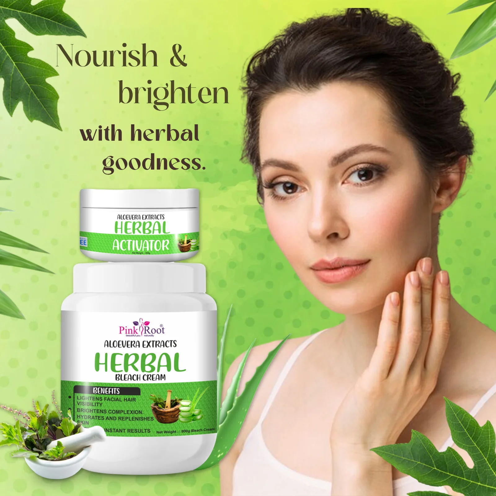 Pink Root Aloevera Extract Herbal Bleach Cream with Activator 1Kg, helps in reducing dark spots, acne and pimples and gives healthy brighter skin view 4