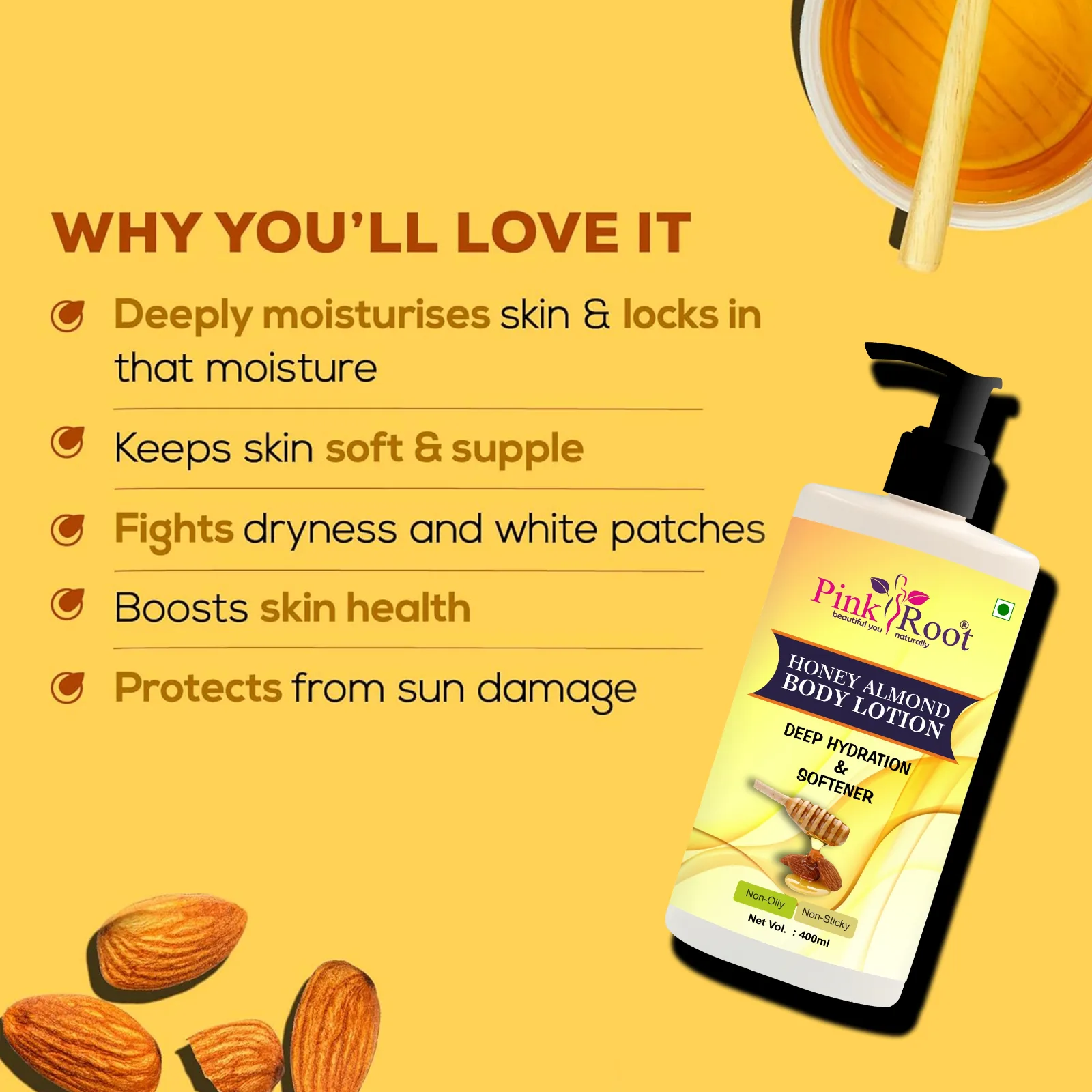 Pink Root Honey Almond Body Lotion - hydrating & moisturizing, protects and nourishes your skin (400ml) view 3