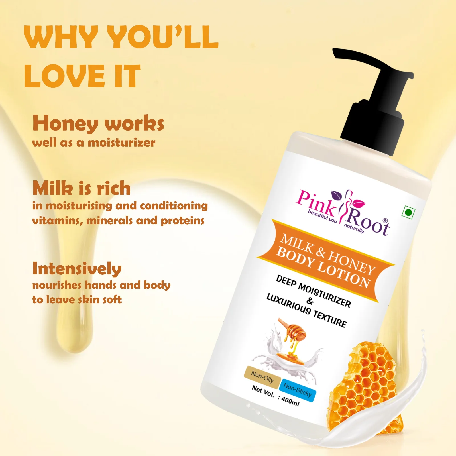 Pink Root Milk & Honey Body Lotion -Enriched with skin softening milk and naturally nourishing honey (400ml) view 2