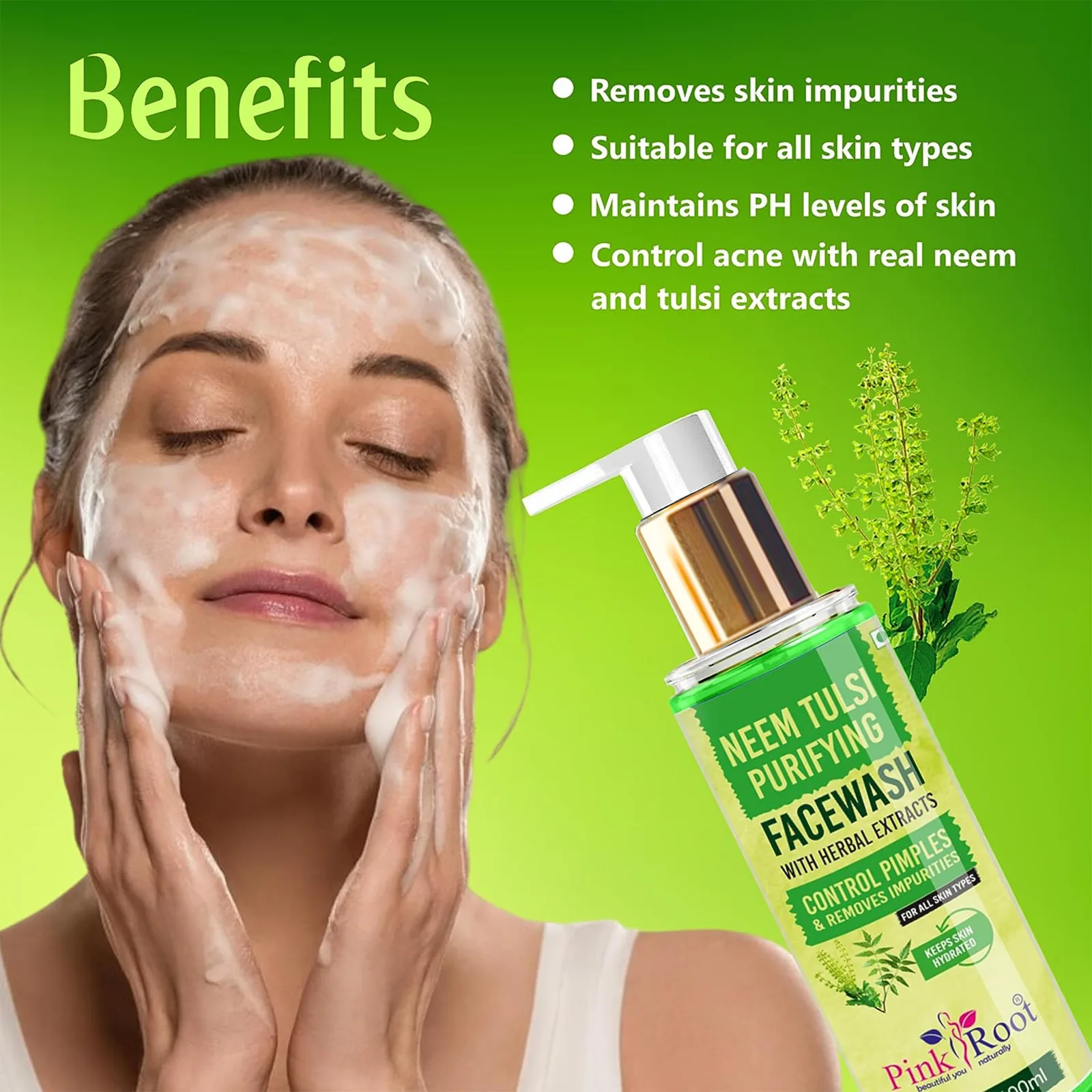 Pink Root Neem Tulsi Skin Purifying Face Wash 100ml for Anti Acne, Pimple Control, Oil Control view 2