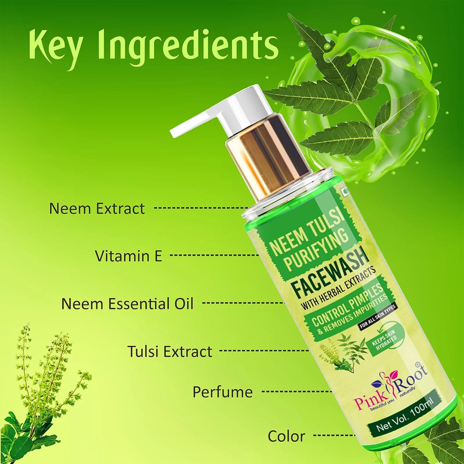 Pink Root Neem Tulsi Skin Purifying Face Wash 100ml for Anti Acne, Pimple Control, Oil Control view 3