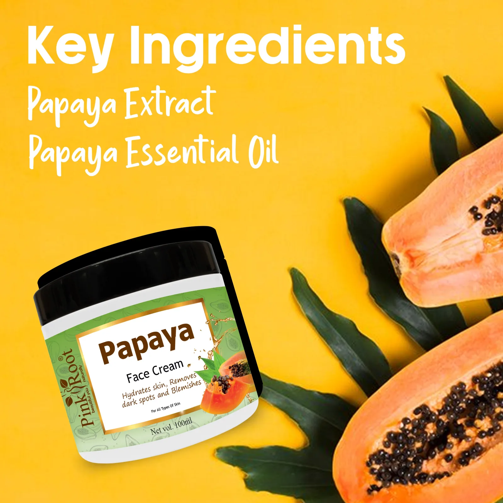 Pink Root Papaya Cream 100ml, with Papaya Extract & Vitamin E Oil for De-Pigmentation, Acne Removal & Skin Whitening view 2