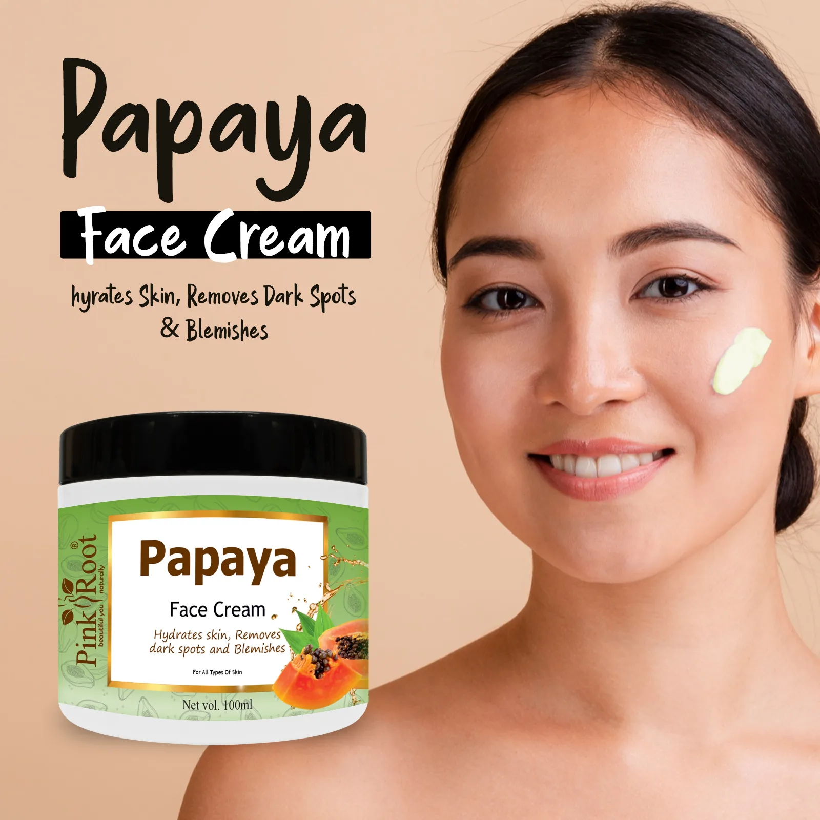 Pink Root Papaya Cream 100ml, with Papaya Extract & Vitamin E Oil for De-Pigmentation, Acne Removal & Skin Whitening view 3