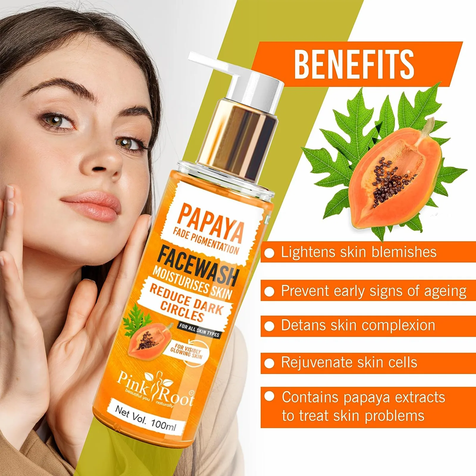 Pink Root Papaya Tan Removal Face Wash 100ml - Face Wash with Vitamin C, Papaya and Lemon For Dark Spot Reduction and clear Skin- Face Wash view 2