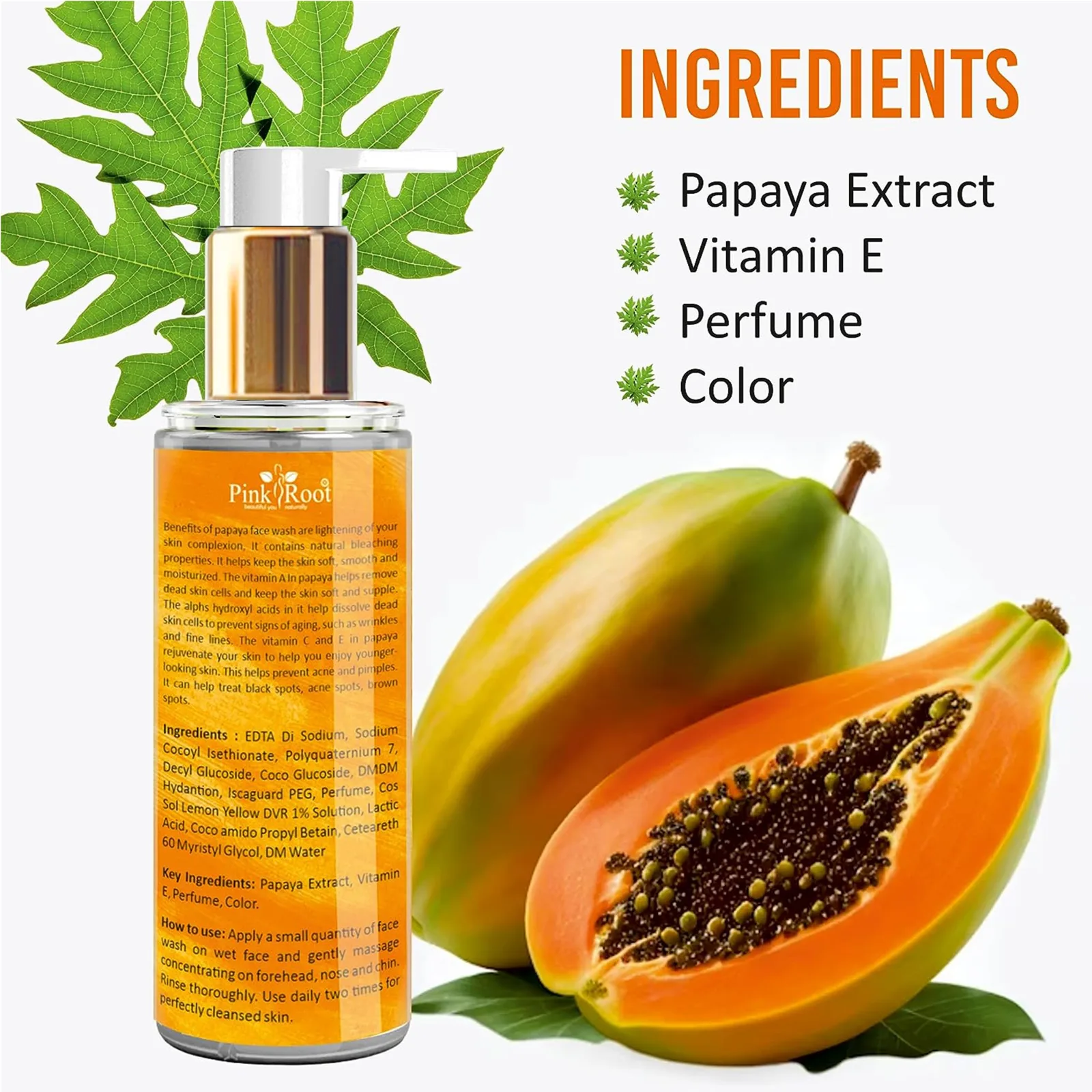 Pink Root Papaya Tan Removal Face Wash 100ml - Face Wash with Vitamin C, Papaya and Lemon For Dark Spot Reduction and clear Skin- Face Wash view 3