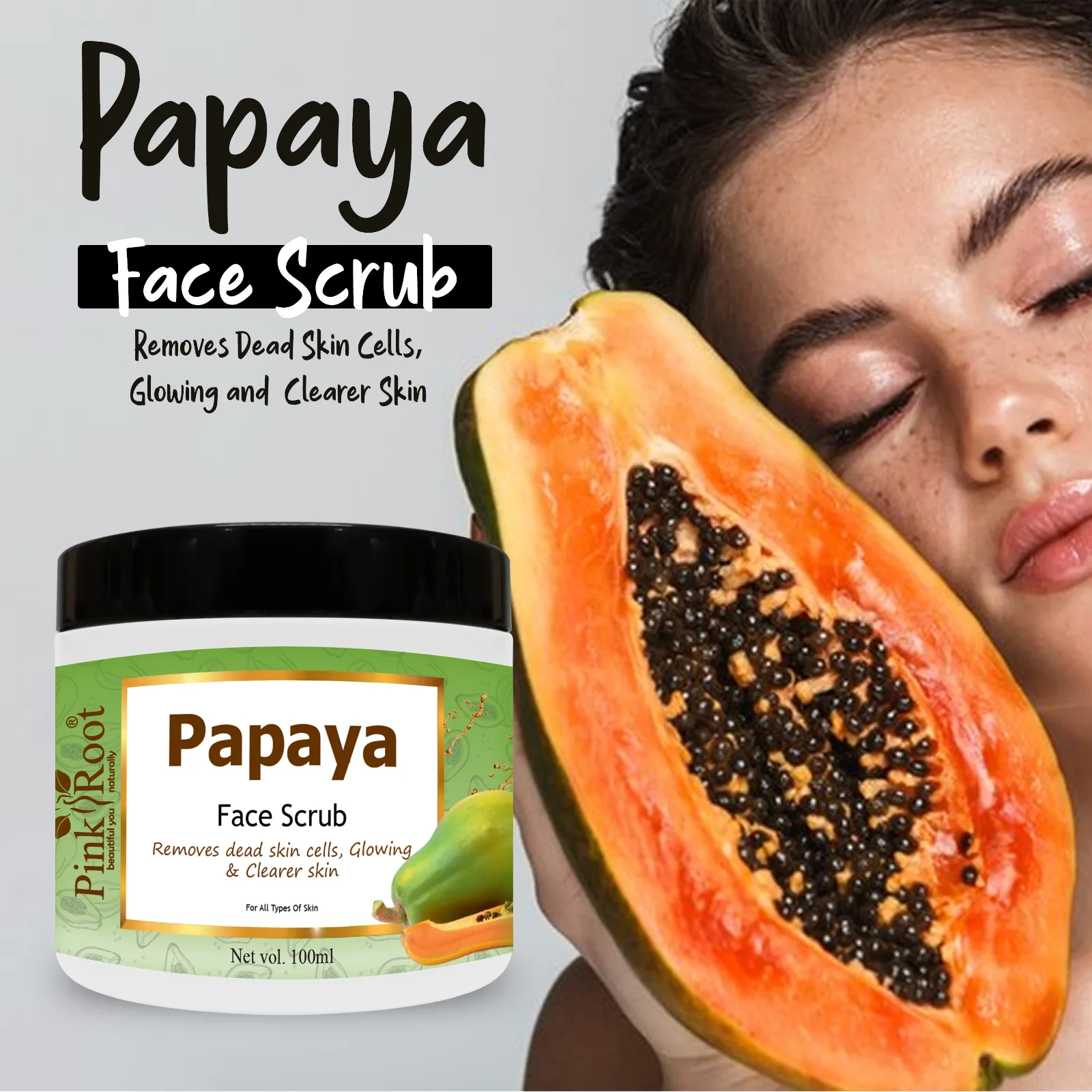 Pink Root Papaya Scrub Enriched with Papaya Extract, Vitamin E, Glycrine, & Aloe Vera for Tan Removal & Brighter Skin(100ml) view 2
