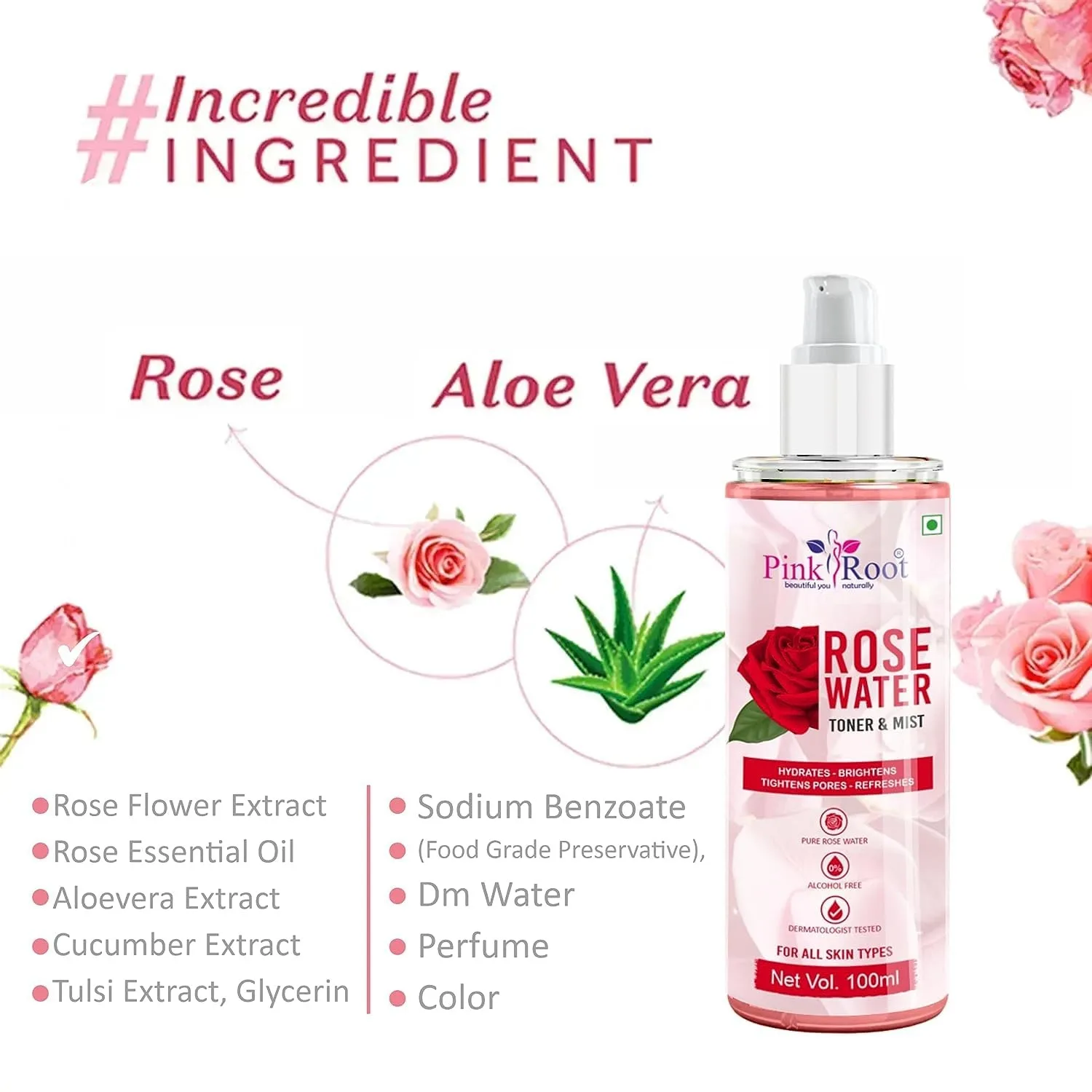 Pink Root Rose Water Toner & Mist, Made with Pure Rose Extracts as Toner, Skin Hydrator, Makeup Remover & Helps in Pore Tightening, 100ml view 2