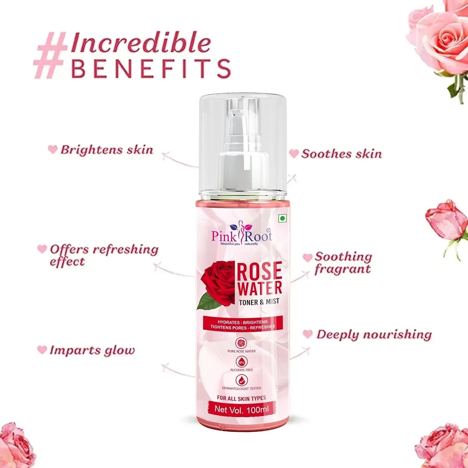 Pink Root Rose Water Toner & Mist, Made with Pure Rose Extracts as Toner, Skin Hydrator, Makeup Remover & Helps in Pore Tightening, 100ml view 3