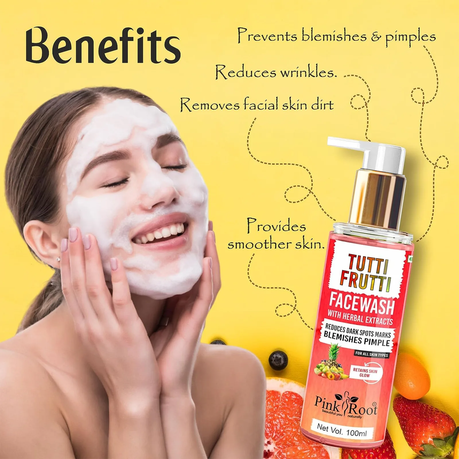 Pink Root Tutti Frutti Face Wash (100 ml) - Oil Balancing, Oil Control, Tan Removes, Dark Spot Removal view 2