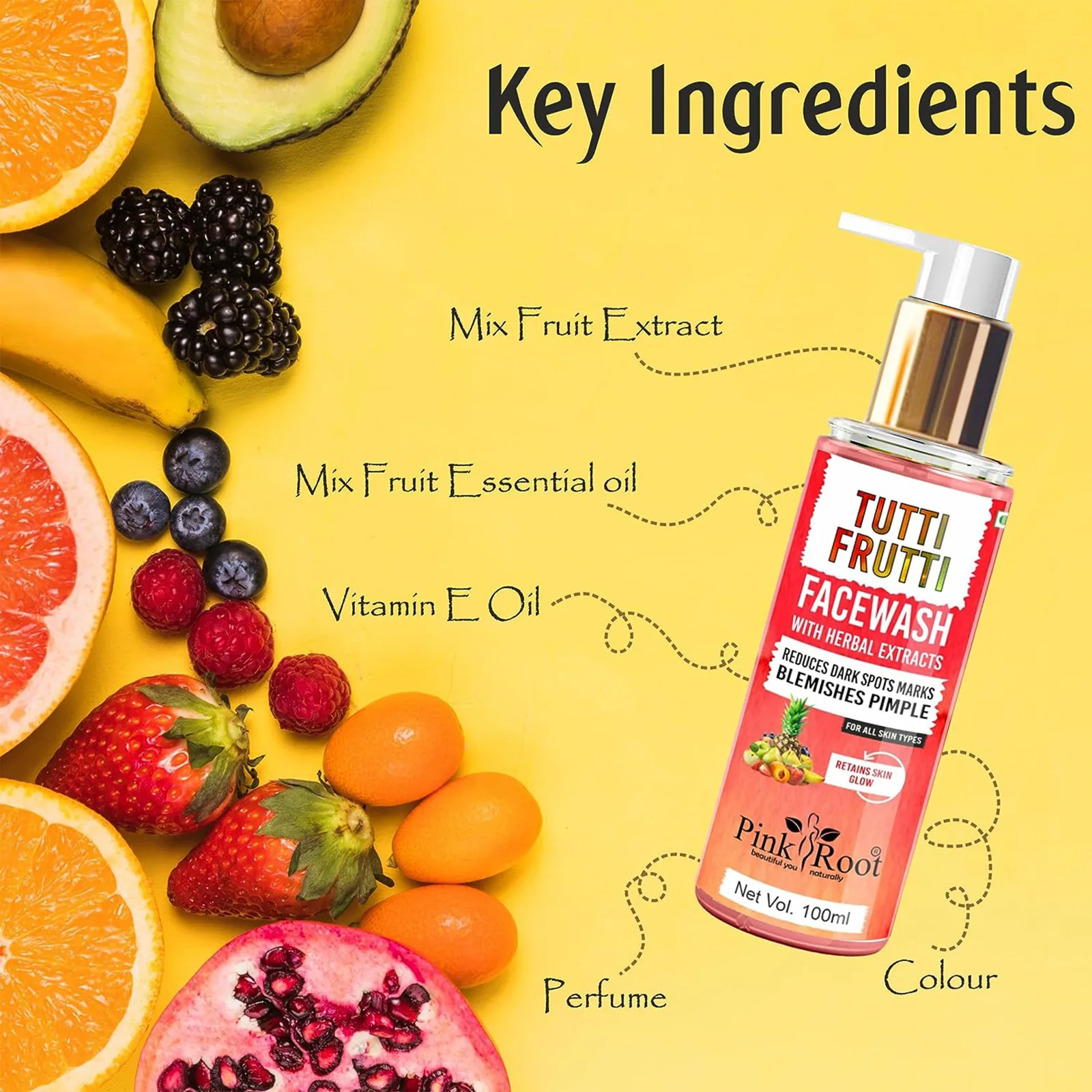 Pink Root Tutti Frutti Face Wash (100 ml) - Oil Balancing, Oil Control, Tan Removes, Dark Spot Removal view 3