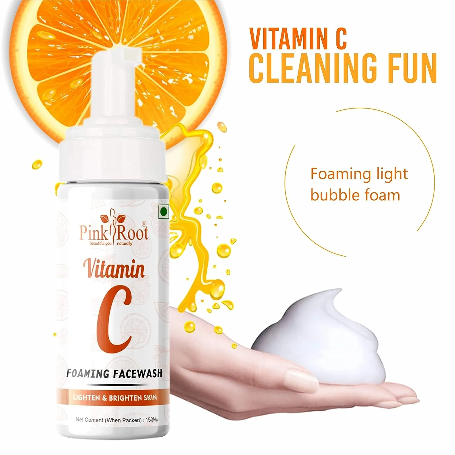 Pink Root Vitamin C Foaming Face Wash 150ml,  For Oil Control, Hydration, Brightening, Pore Cleansing, Detan, Pigmentation, Blemishes, Acne view 3