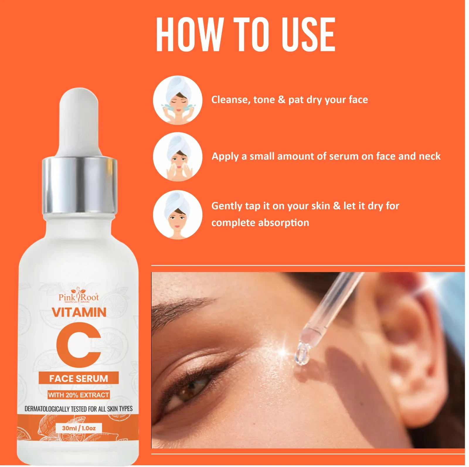 Pink Root Vitamin C Face Serum with 20% Extract|Skin Brightening, Anti Aging, Spotless Skin,Sun Protection, Under Eye Circles, Facial Serum with Vitamin E and Hyaluronic Acid, For Glowing Skin, Daily Use Serum, 30ml (30 ml) view 3