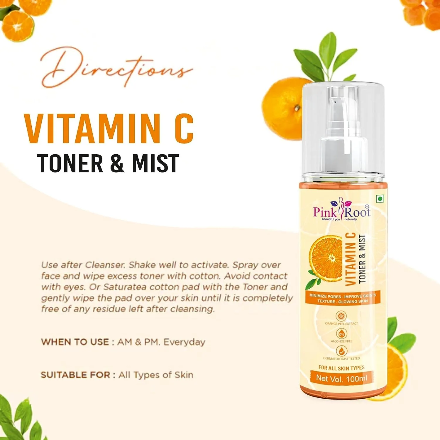 Pink Root Vitamin C Skin Mist Toner with Lemon Essential Oil, Orange Essential Oil & Aloe Vera Extracts - For All Skin Types - No Parabens, Silicones, Mineral Oil & Sulphates - 100ml view 2