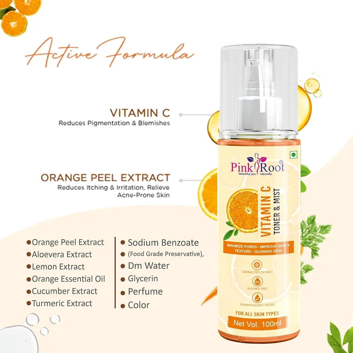 Pink Root Vitamin C Skin Mist Toner with Lemon Essential Oil, Orange Essential Oil & Aloe Vera Extracts - For All Skin Types - No Parabens, Silicones, Mineral Oil & Sulphates - 100ml view 3