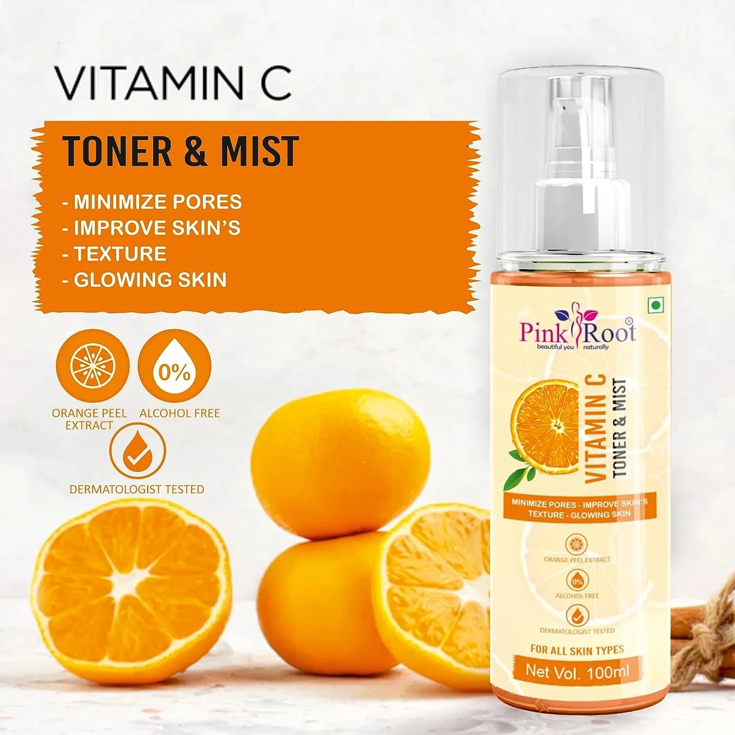 Pink Root Vitamin C Skin Mist Toner with Lemon Essential Oil, Orange Essential Oil & Aloe Vera Extracts - For All Skin Types - No Parabens, Silicones, Mineral Oil & Sulphates - 100ml view 4