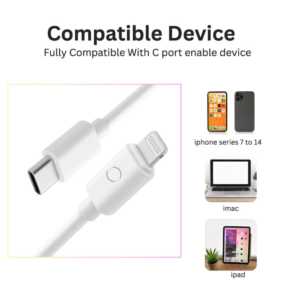 twance TL20W PVC - Type C to Lightning, fast charging and data transfer Cable, 1 Meter Length, White color view 2